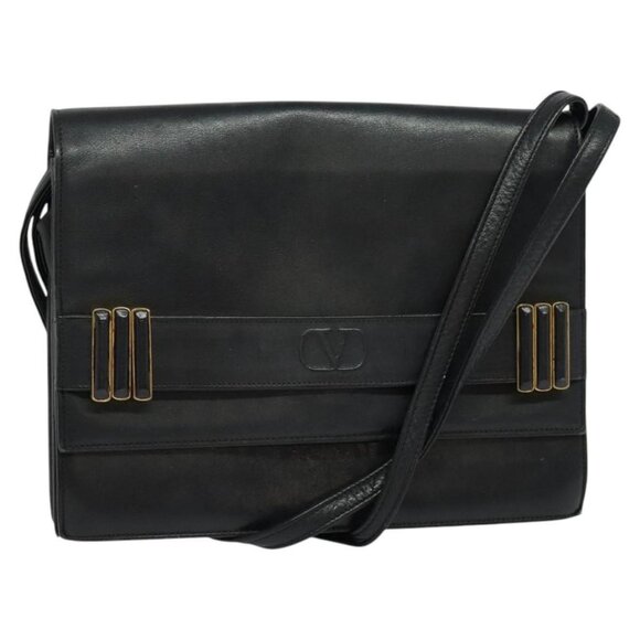 VALENTINO Shoulder Bag Leather Navy Gold Auth 118235 - Picture 1 of 16